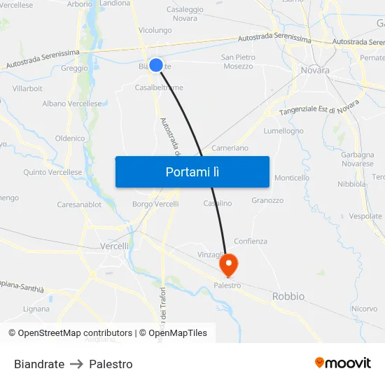 Biandrate to Palestro map