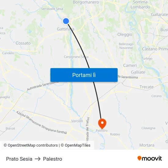 Prato Sesia to Palestro map