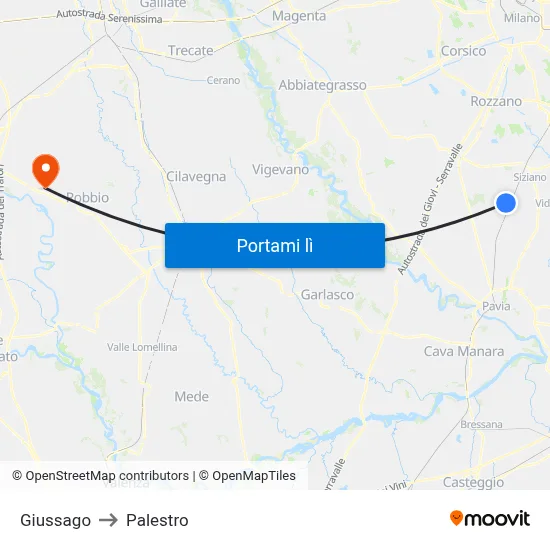 Giussago to Palestro map