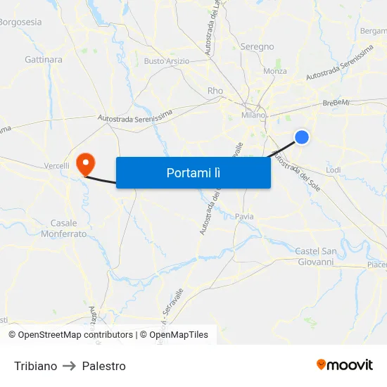 Tribiano to Palestro map