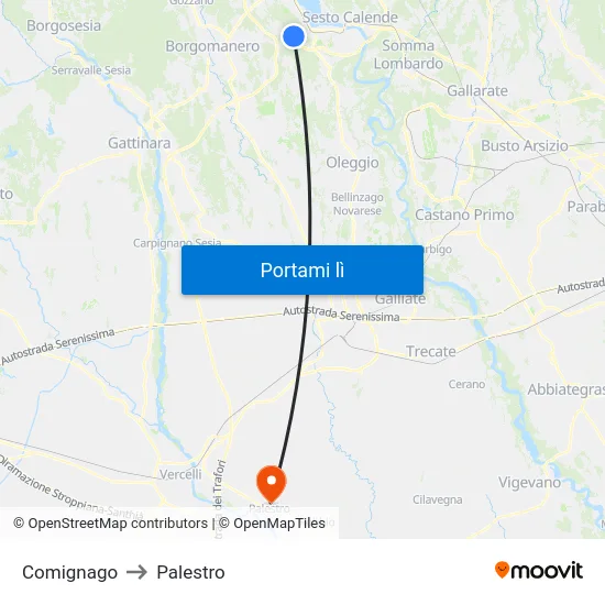 Comignago to Palestro map