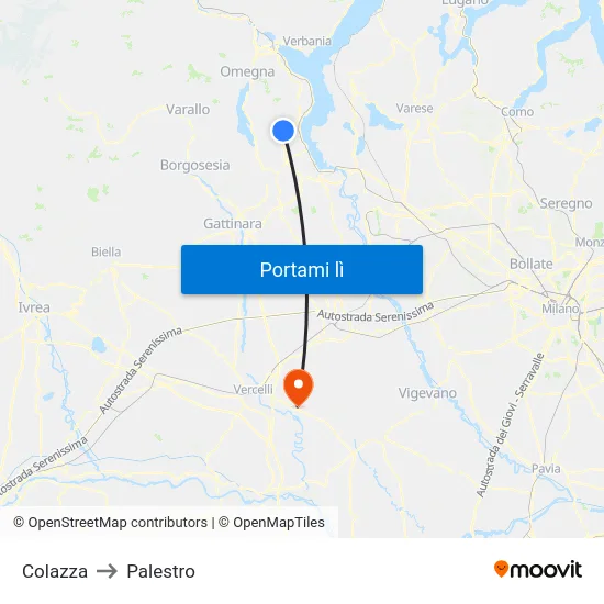 Colazza to Palestro map