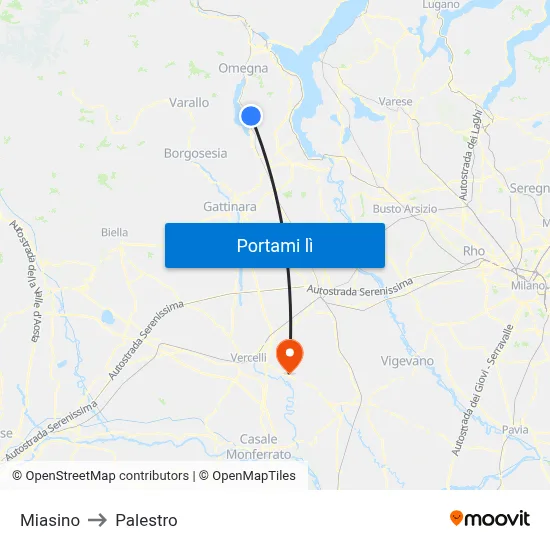 Miasino to Palestro map