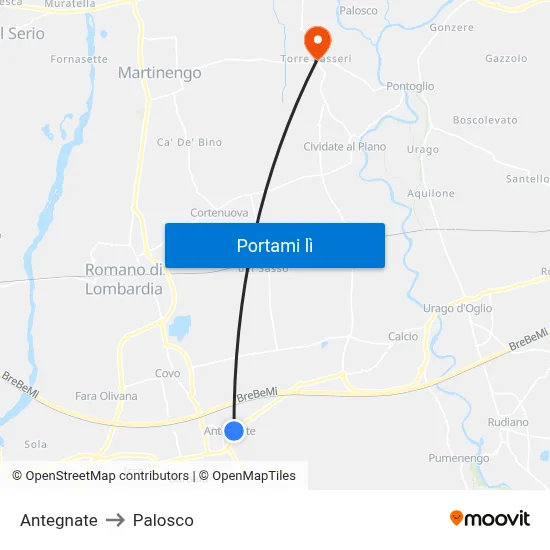 Antegnate to Palosco map