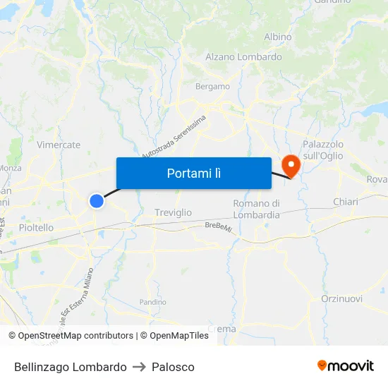 Bellinzago Lombardo to Palosco map