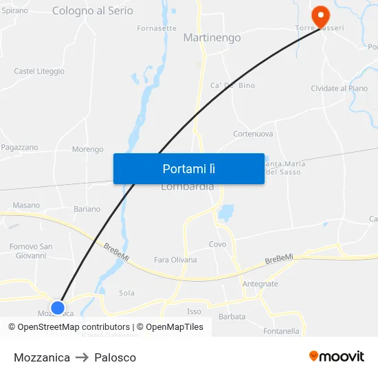Mozzanica to Palosco map