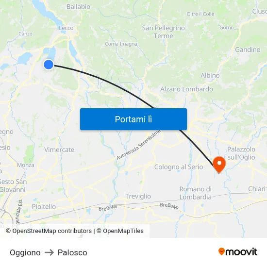 Oggiono to Palosco map