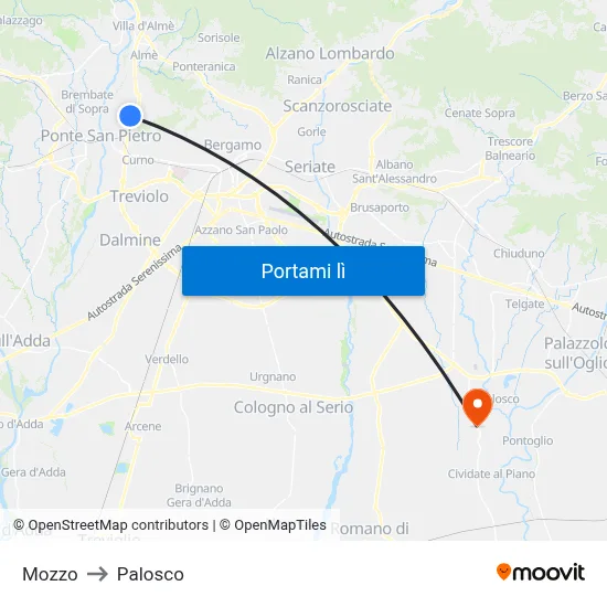 Mozzo to Palosco map