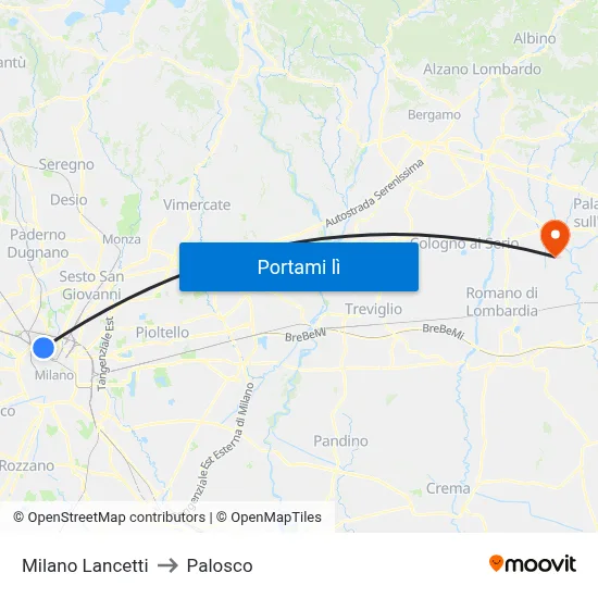 Milano Lancetti to Palosco map