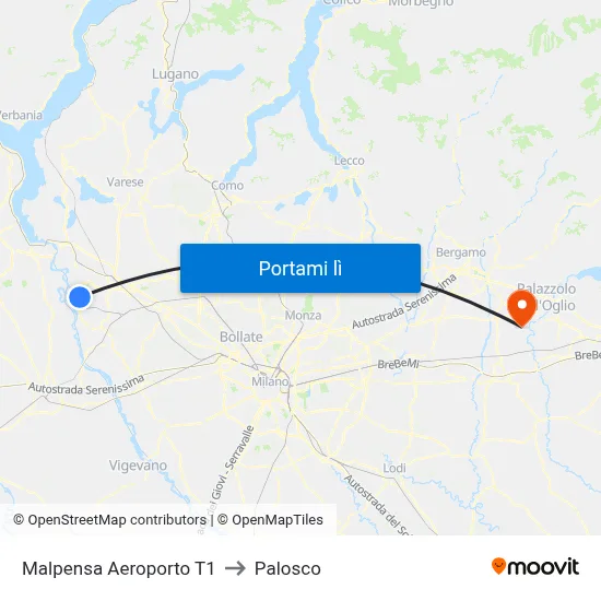 Malpensa Aeroporto T1 to Palosco map