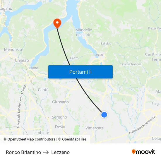 Ronco Briantino to Lezzeno map