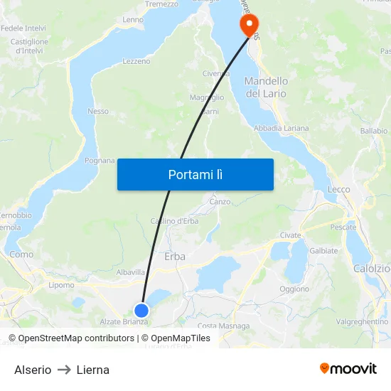 Alserio to Lierna map