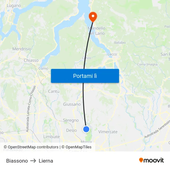 Biassono to Lierna map