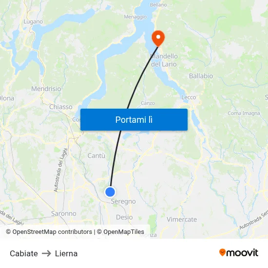 Cabiate to Lierna map