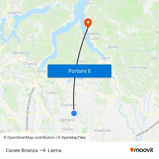 Carate Brianza to Lierna map