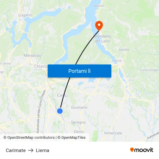 Carimate to Lierna map
