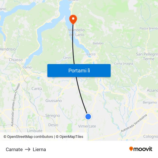 Carnate to Lierna map