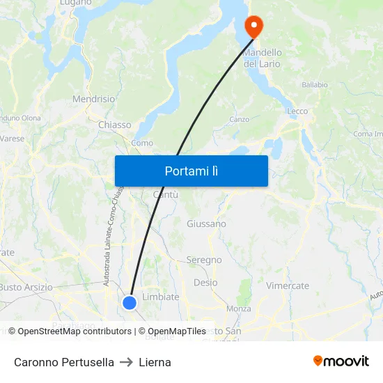 Caronno Pertusella to Lierna map