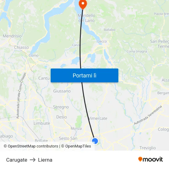 Carugate to Lierna map
