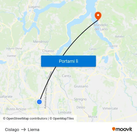 Cislago to Lierna map
