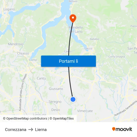 Correzzana to Lierna map