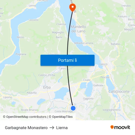 Garbagnate Monastero to Lierna map
