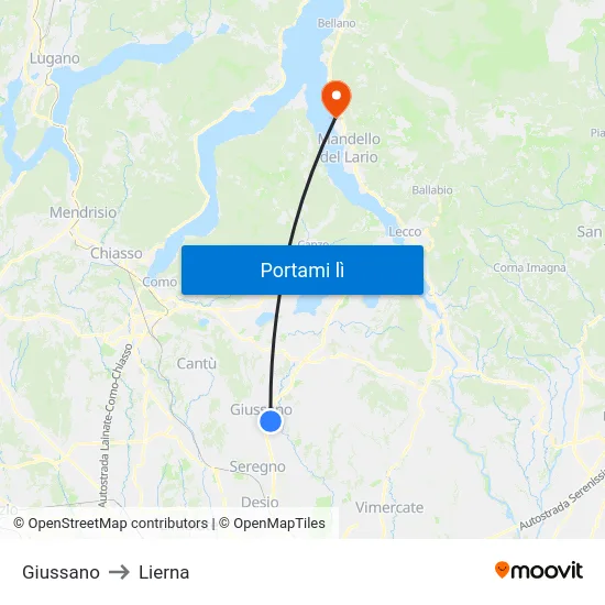 Giussano to Lierna map
