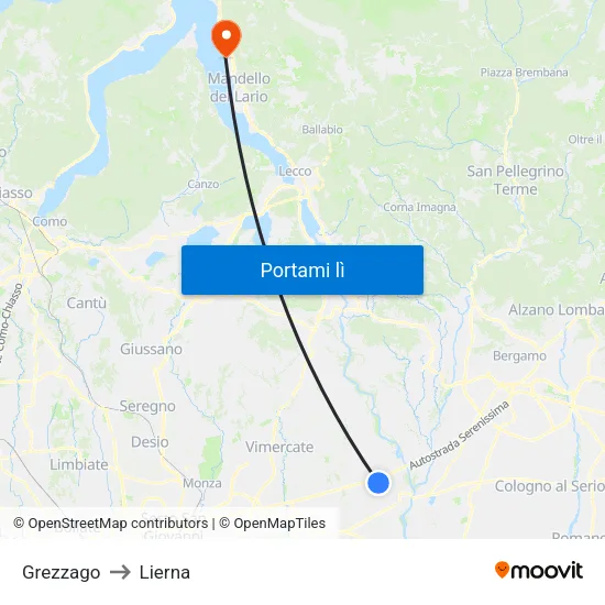 Grezzago to Lierna map