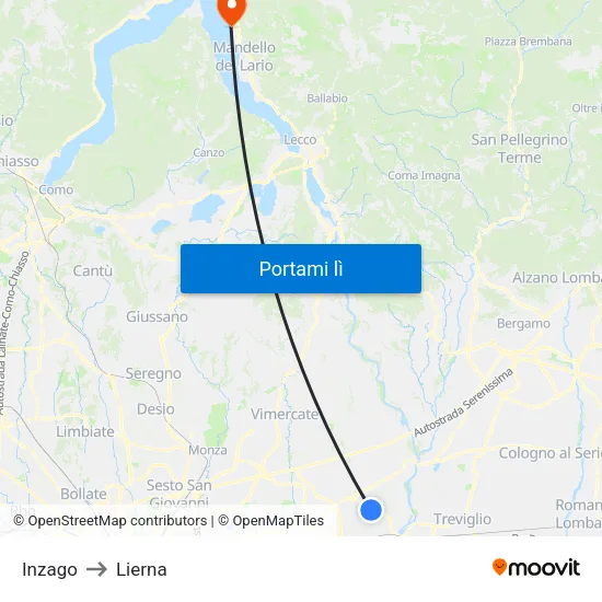 Inzago to Lierna map