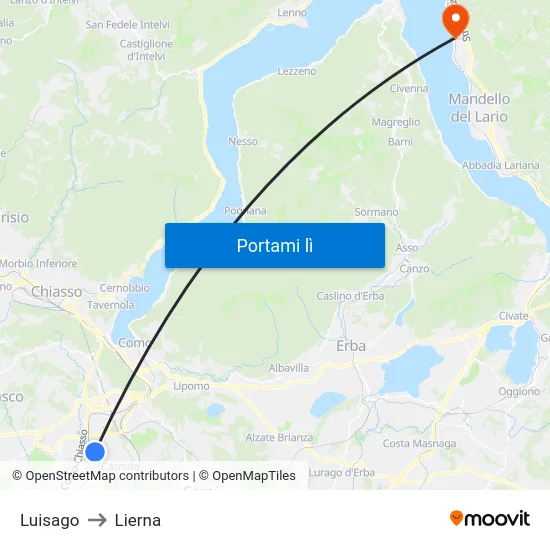 Luisago to Lierna map