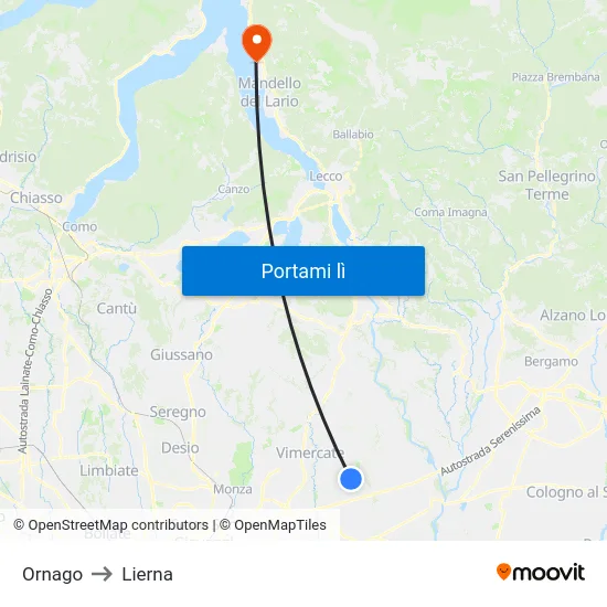Ornago to Lierna map