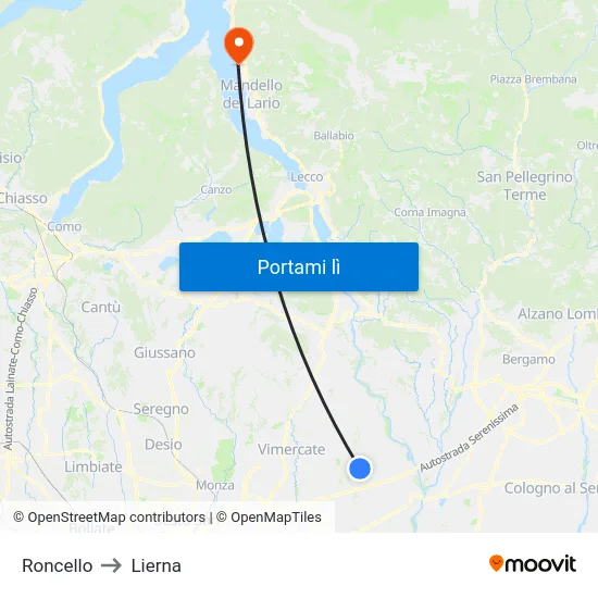 Roncello to Lierna map