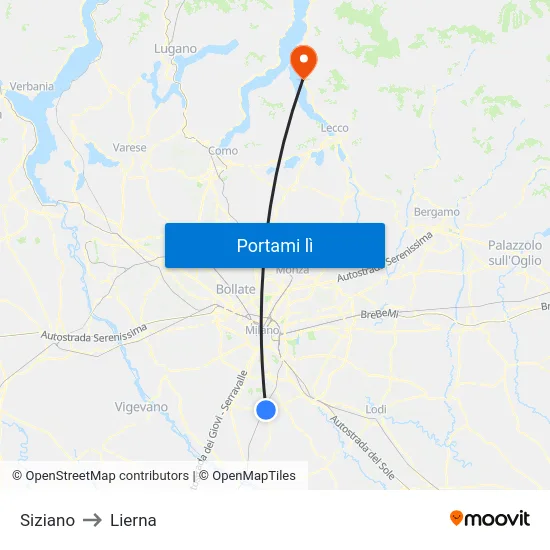 Siziano to Lierna map