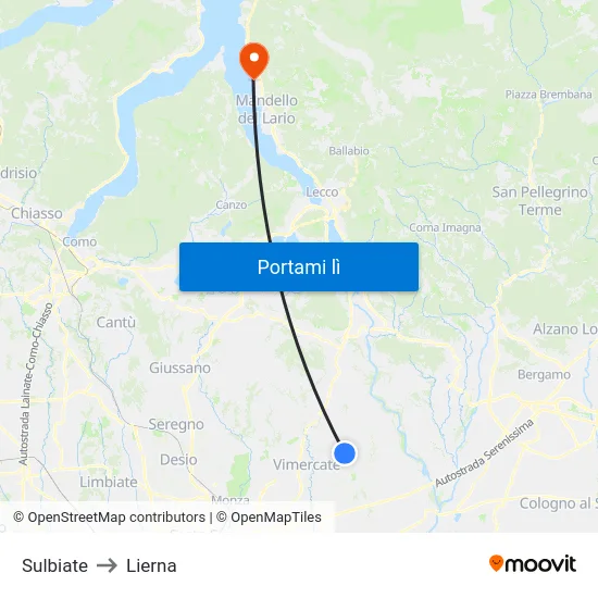 Sulbiate to Lierna map