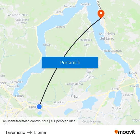Tavernerio to Lierna map