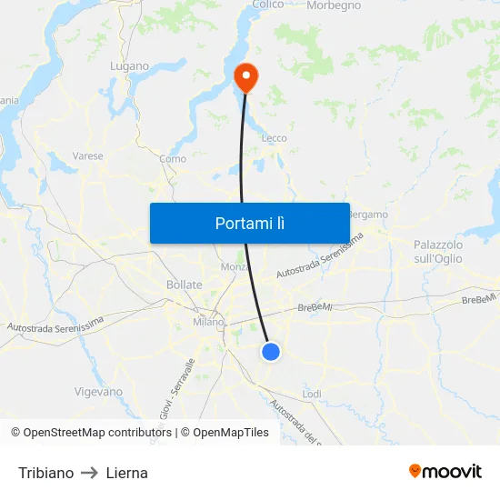 Tribiano to Lierna map