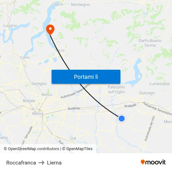 Roccafranca to Lierna map