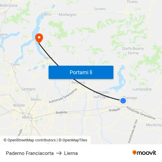 Paderno Franciacorta to Lierna map