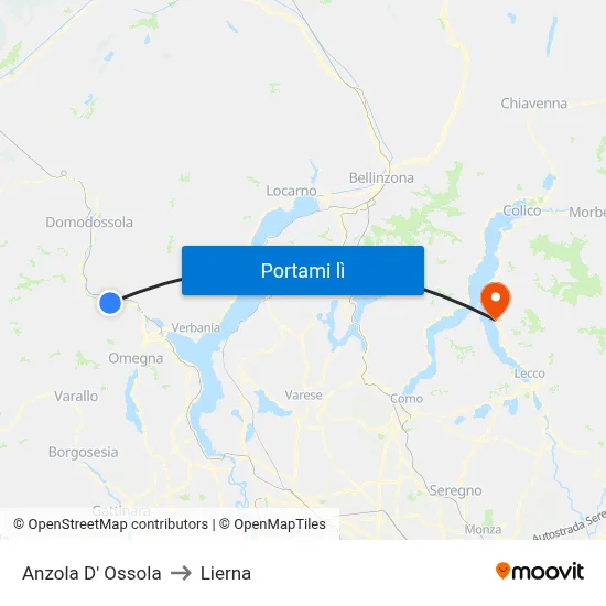Anzola D' Ossola to Lierna map