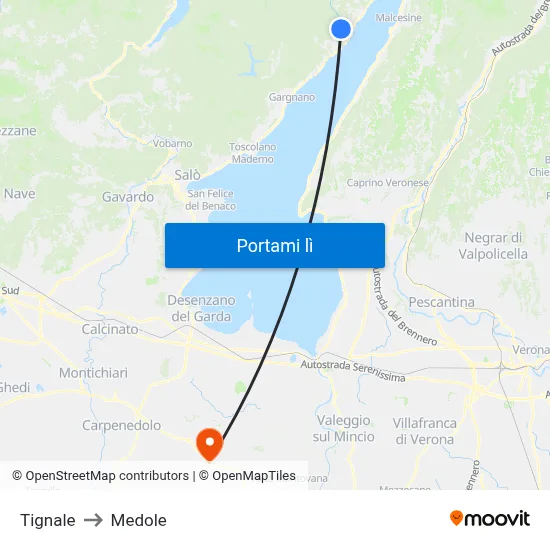 Tignale to Medole map