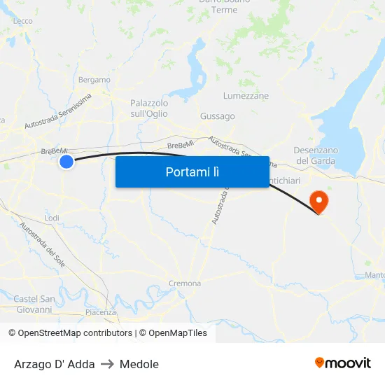 Arzago D' Adda to Medole map