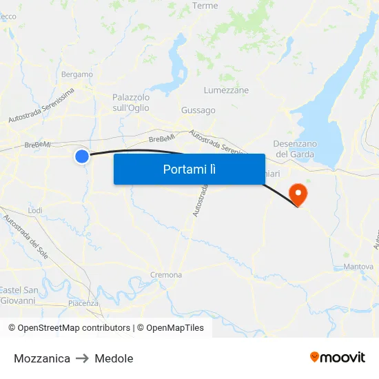 Mozzanica to Medole map