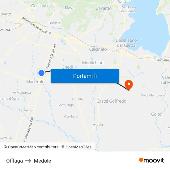 Offlaga to Medole map