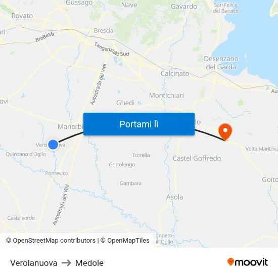 Verolanuova to Medole map