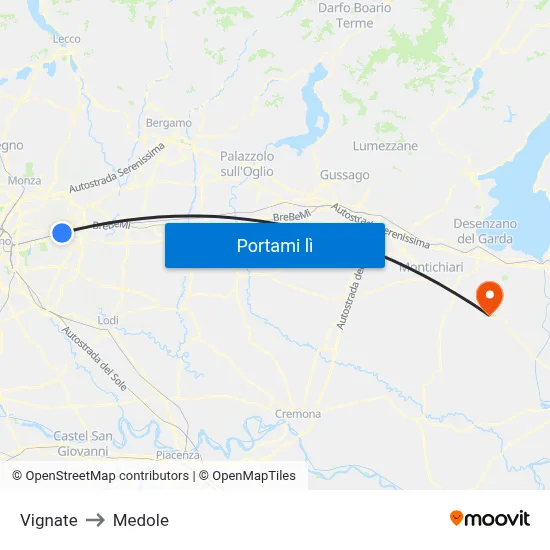 Vignate to Medole map