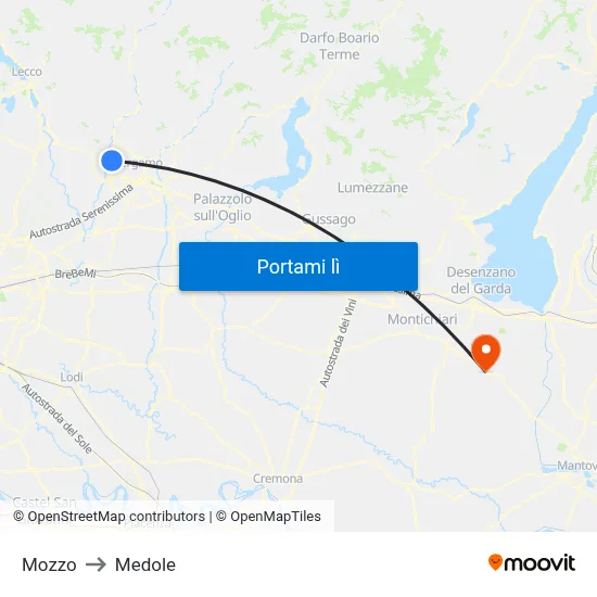 Mozzo to Medole map