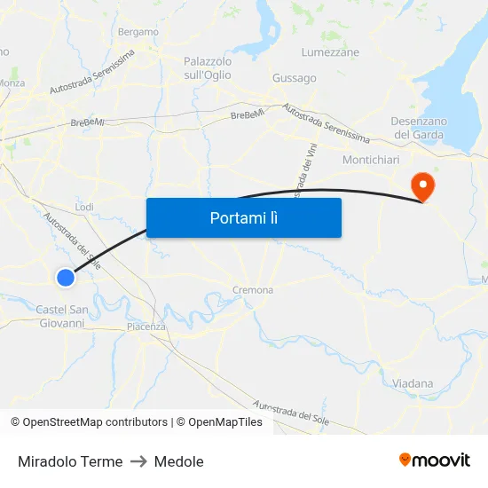 Miradolo Terme to Medole map