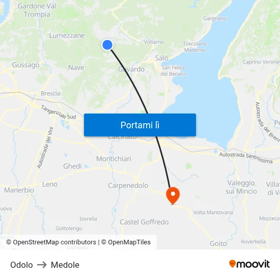 Odolo to Medole map