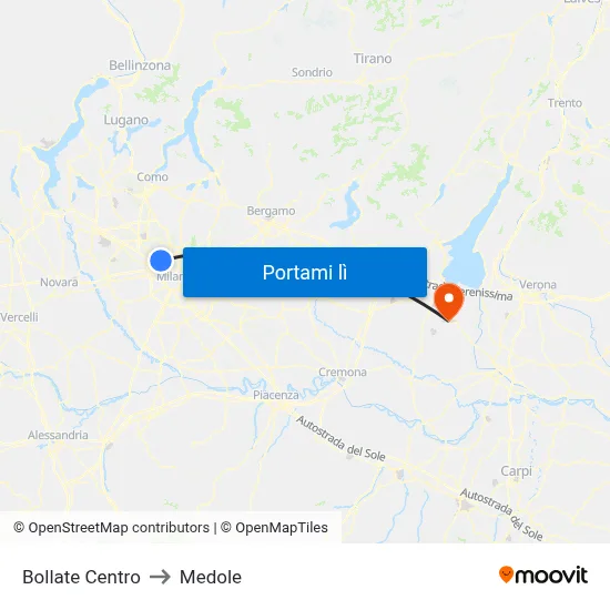 Bollate Centro to Medole map
