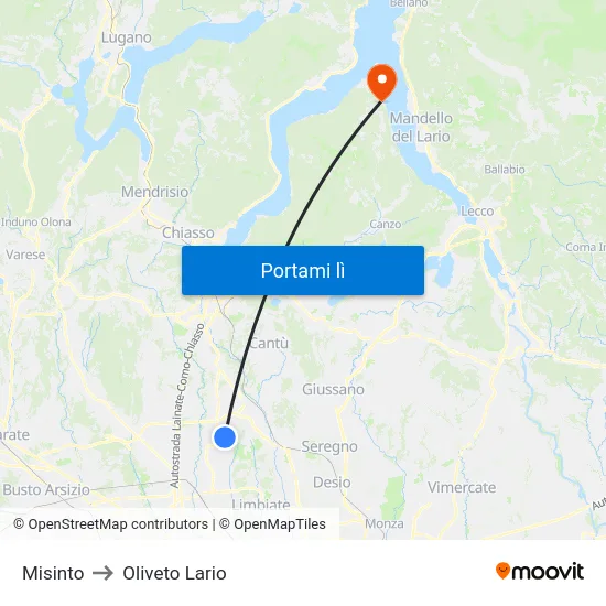 Misinto to Oliveto Lario map